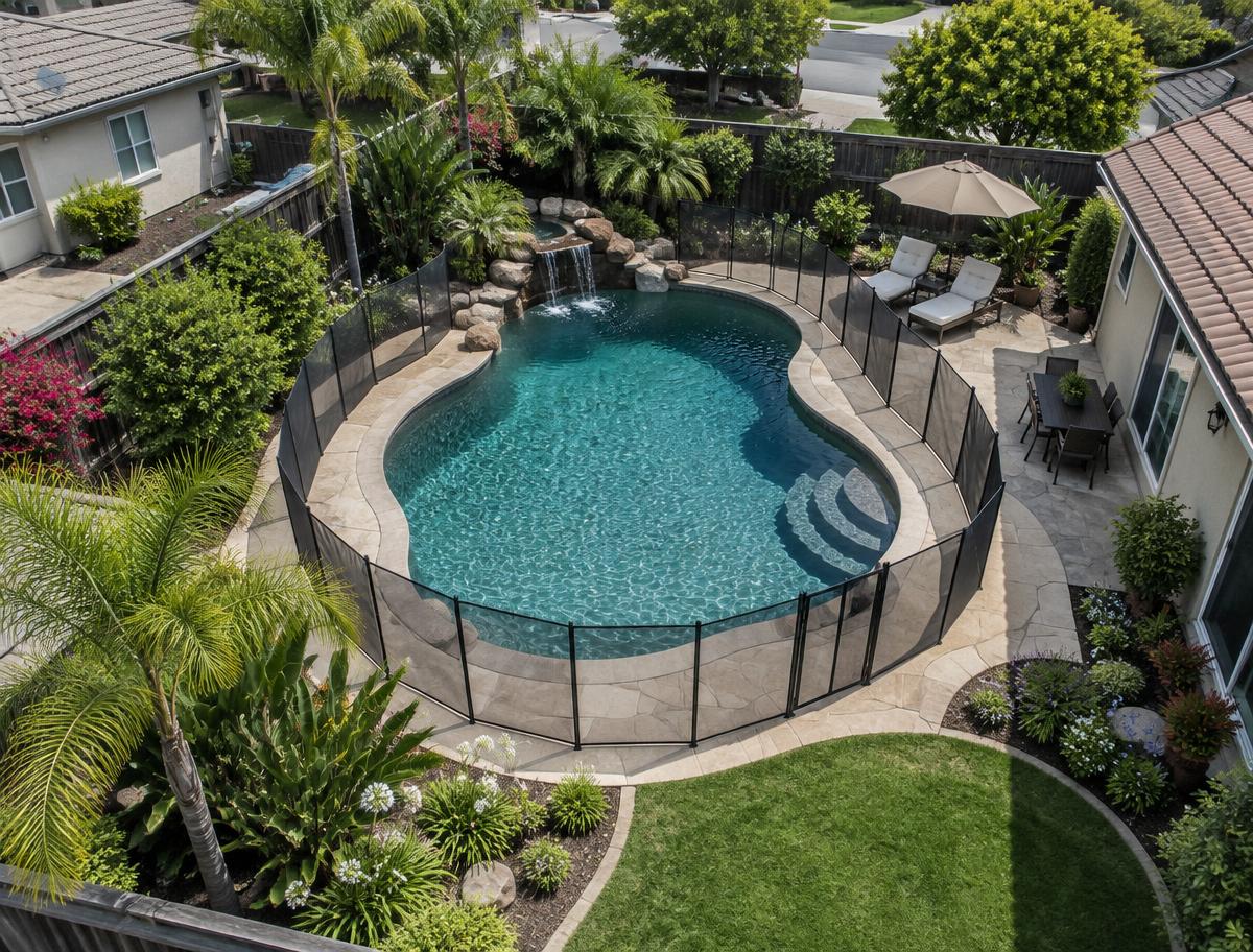 Backyard pool enclosed by a black mesh safety fence