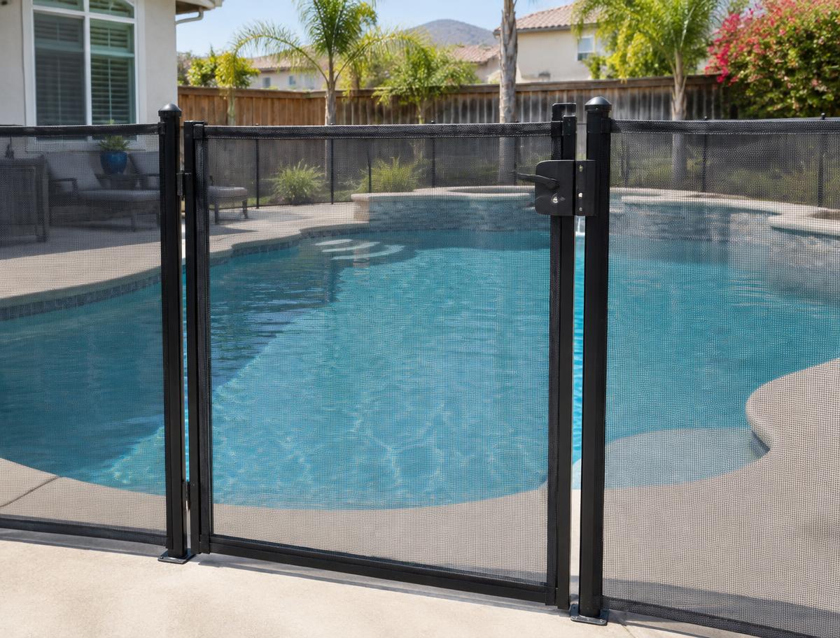 Mesh pool safety gate with latch beside a backyard pool